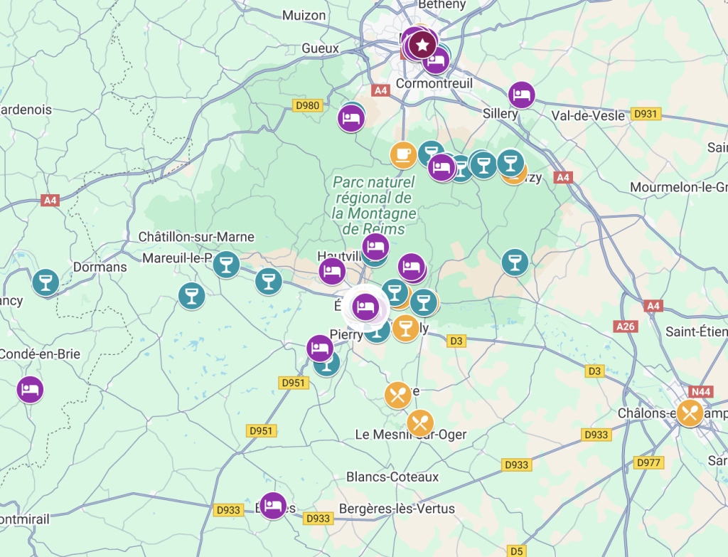Hotspots kaart Champagnestreek wijnhuizen Frankrijk